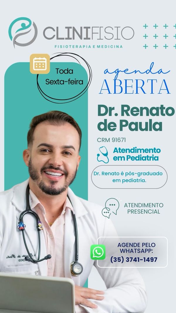 Dr. Renato de Paula, atendimento em pediatria, CRM 91671, pós-graduado em pediatria. Atendimento presencial toda sexta-feira. Agende pelo WhatsApp (35) 3741-1497.