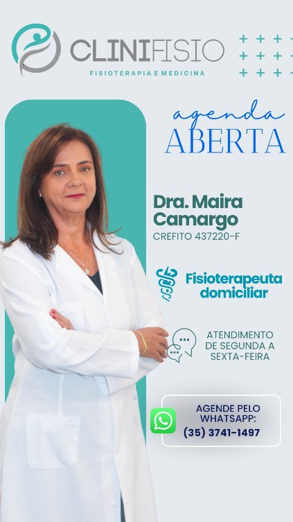 Dra. Maira Camargo, fisioterapeuta domiciliar, CREFITO 437220-F. Atende somente a domicílio, de segunda a sexta-feira. Agende pelo WhatsApp (35) 3741-1497.